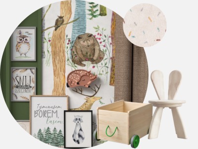 Aranżacja pokoju dziecięcego w Poznaniu z motywem leśnym: drewniany wózek z zielonym uchwytem, krzesełko z uszami królika, ilustracje zwierząt leśnych na ścianie i dekoracyjne elementy z drewna.