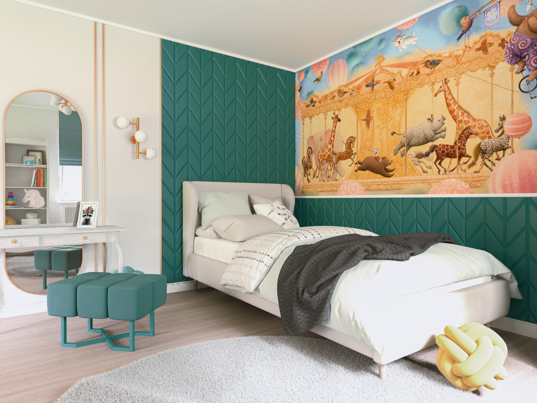 Pokój dziecięcy z łóżkiem, toaletką z lustrem i pufą w kolorze turkusowym, ściana z zielonymi panelami 3D i tapeta z motywem karuzeli ze zwierzętami.
