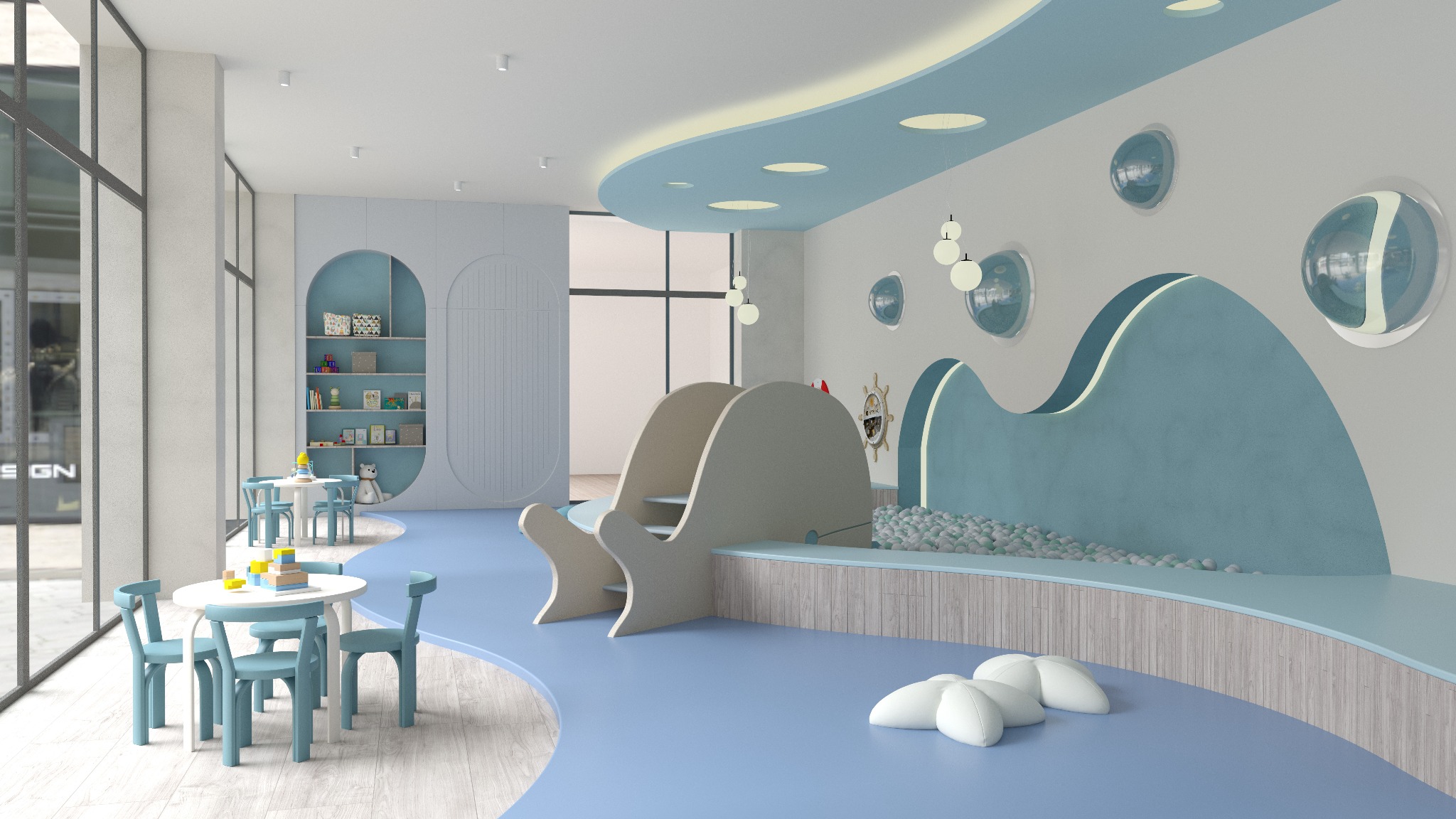 Wizualizacja wnętrza sali zabaw dla dzieci z basenem z kulkami, drewnianą zjeżdżalnią, stolikami i krzesłami w odcieniach błękitu i szarości, oświetleniem punktowym i dekoracyjnymi okrągłymi oknami...