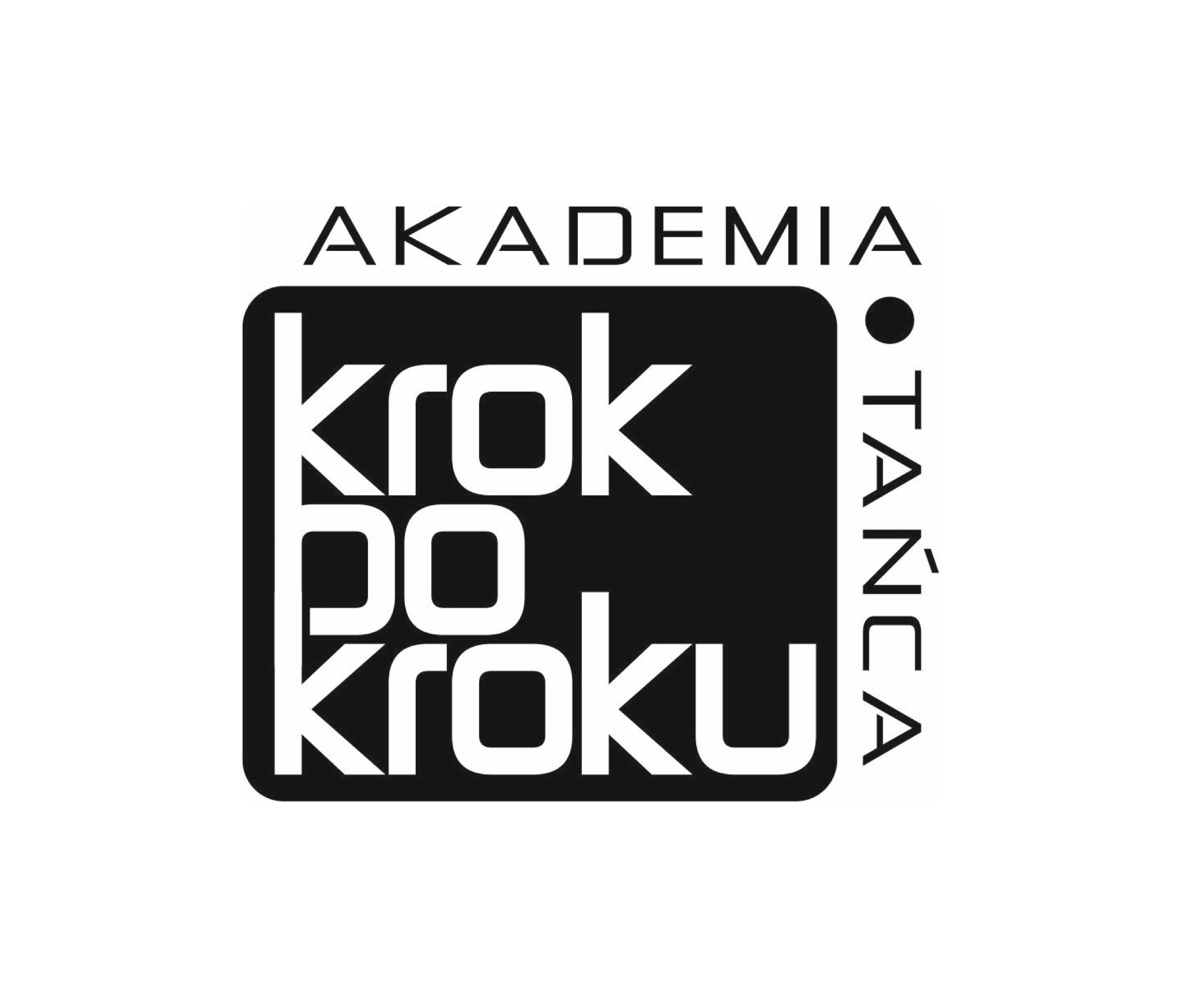 Logo Akademii Krok po Kroku, z napisem 'krok po kroku' w czarnym kwadracie i pionowo umieszczonym słowem 'tańca' po prawej stronie.