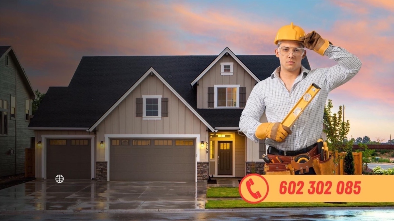 Mężczyzna w kasku i okularach ochronnych trzyma poziomicę na tle dwukondygnacyjnego domu z dwoma garażami i numerem 5759, widoczny numer telefonu.