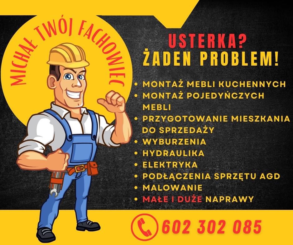 Ilustracja reklamowa przedstawiająca uśmiechniętego fachowca w kasku i kombinezonie, obok lista usług: montaż mebli kuchennych, montaż pojedynczych mebli, przygotowanie mieszkania do sprzedaży...
