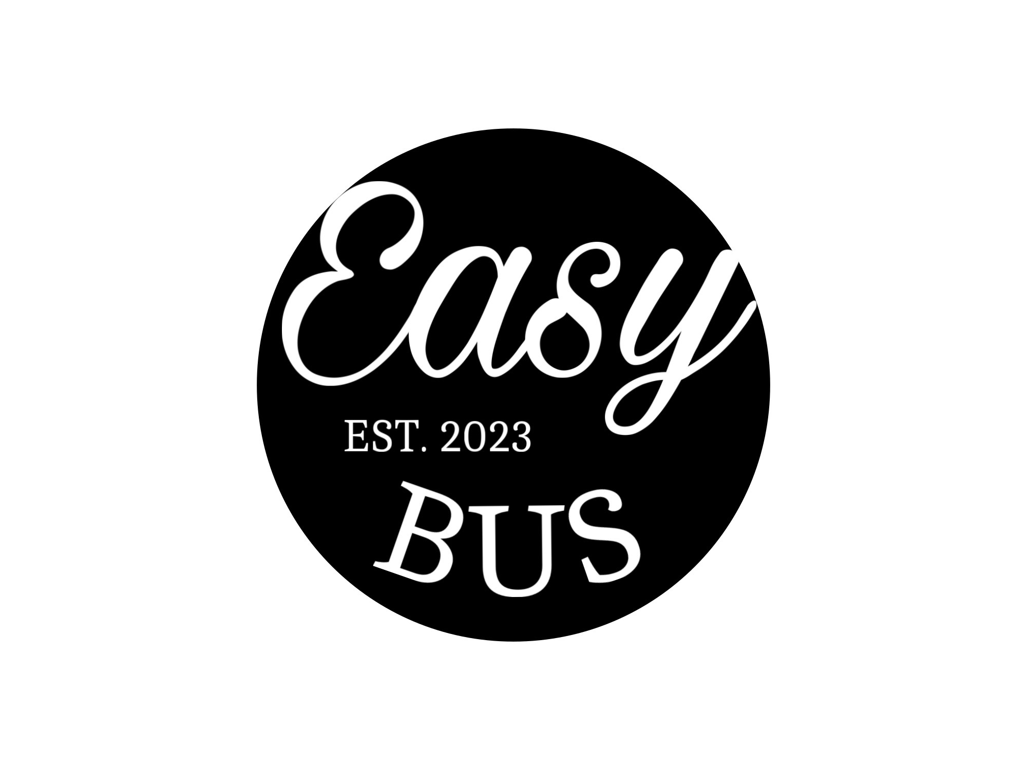 Okrągłe logo firmy transportowej Easy Bus, z napisem w kolorze białym na czarnym tle, rok założenia 2023.