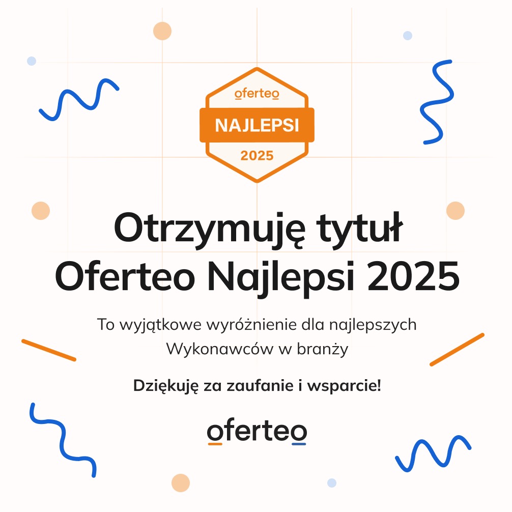 Grafika z gratulacjami dla firmy z Kraśnika, która otrzymała tytuł Oferteo Najlepsi 2025, z podziękowaniem za zaufanie i wsparcie.