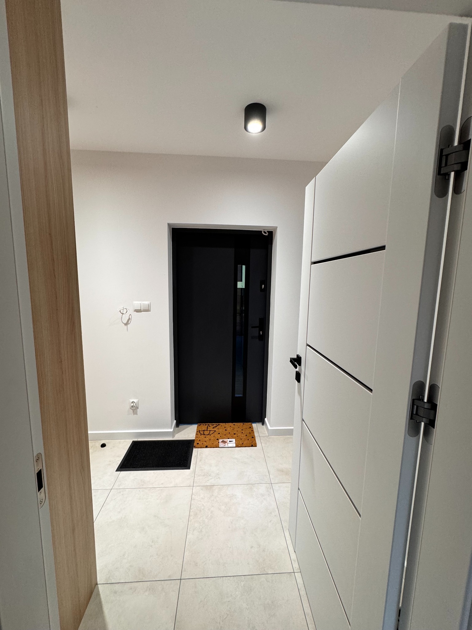 Nowoczesny przedpokój z białymi drzwiami wewnętrznymi z poziomymi frezami, czarną futryną i płytkami podłogowymi. Widoczny włącznik światła i gniazdko.