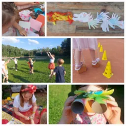 Kolaż zdjęć przedstawiających różnorodne aktywności dla dzieci: tworzenie dekoracji z papieru, zabawy z bańkami mydlanymi, malowanie twarzy i chodzenie na szczudłach.