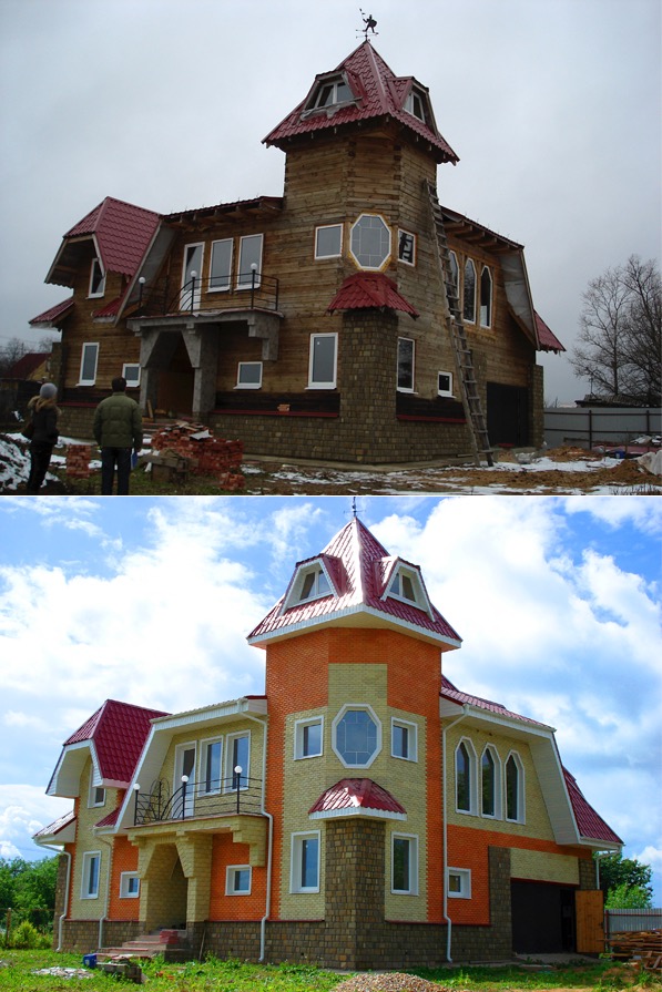 Porównanie stanu surowego i wykończonego domu z wieżą, ukazujące zmiany w elewacji, kolorystyce i otoczeniu.