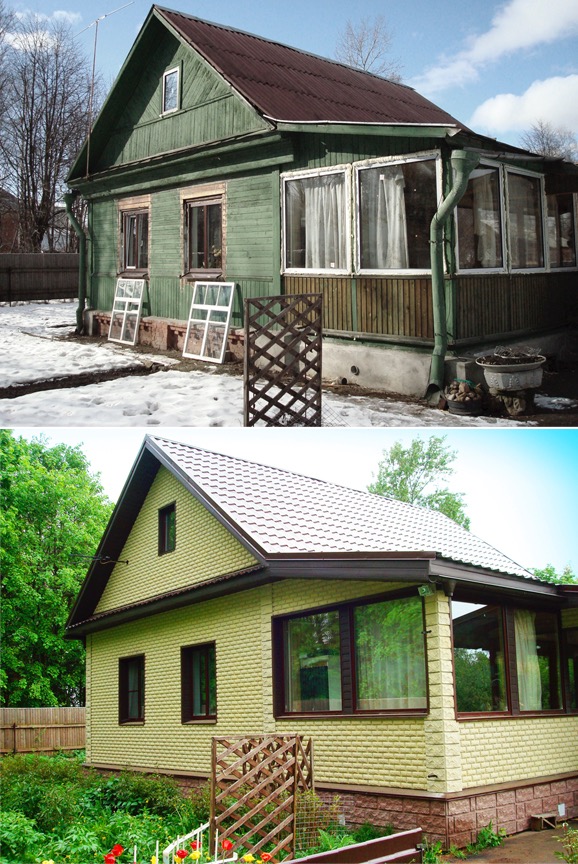 Porównanie domu przed i po remoncie: od zielonego, drewnianego budynku z brązowym dachem i starymi oknami, do żółtego domu z nową elewacją, białym dachem i nowymi oknami. Na dole zdjęcia widoczny...