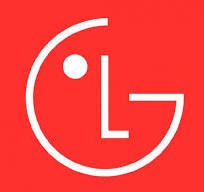 Logo LG na czerwonym tle. Biały, uproszczony symbol twarzy z kropką nad literą L. Minimalistyczny design, charakterystyczne logo marki LG.