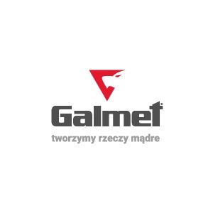 Logo firmy Galmet: czerwony symbol w kształcie litery V nad napisem „Galmet” z hasłem „tworzymy rzeczy mądre” poniżej, na białym tle. Minimalistyczny design.