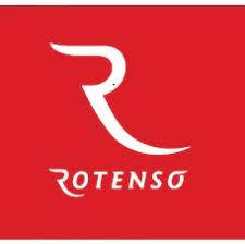 Białe logo firmy Rotenso na czerwonym tle. Stylizowana litera 'R' nad nazwą firmy. Prosty, nowoczesny design.