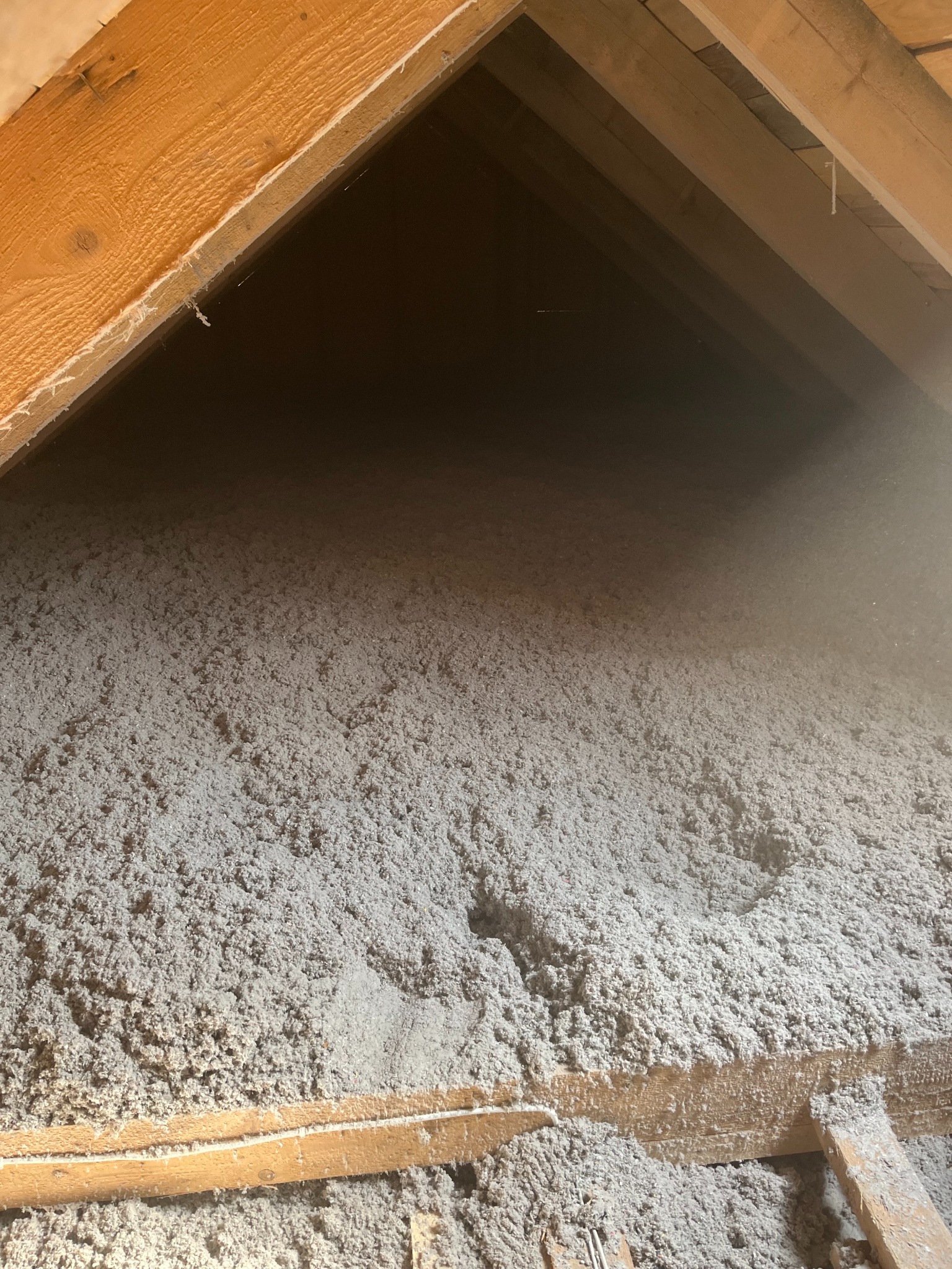 Ocieplone poddasze wełną celulozową, widoczne drewniane elementy konstrukcji dachu. Izolacja wypełnia przestrzeń między krokwiami.