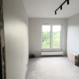 Wnętrze pokoju po malowaniu ścian na biało, widoczne okno z widokiem na zieleń, grzejnik, lampa sufitowa na szynie, podłoga w trakcie przygotowania, kartony w rogu i puszki z farbą przy ścianie.