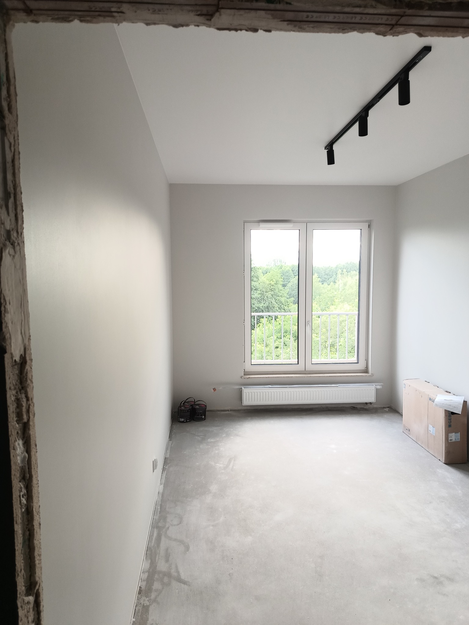 Wnętrze pokoju po malowaniu ścian na biało, widoczne okno z widokiem na zieleń, grzejnik, lampa sufitowa na szynie, podłoga w trakcie przygotowania, kartony w rogu i puszki z farbą przy ścianie.