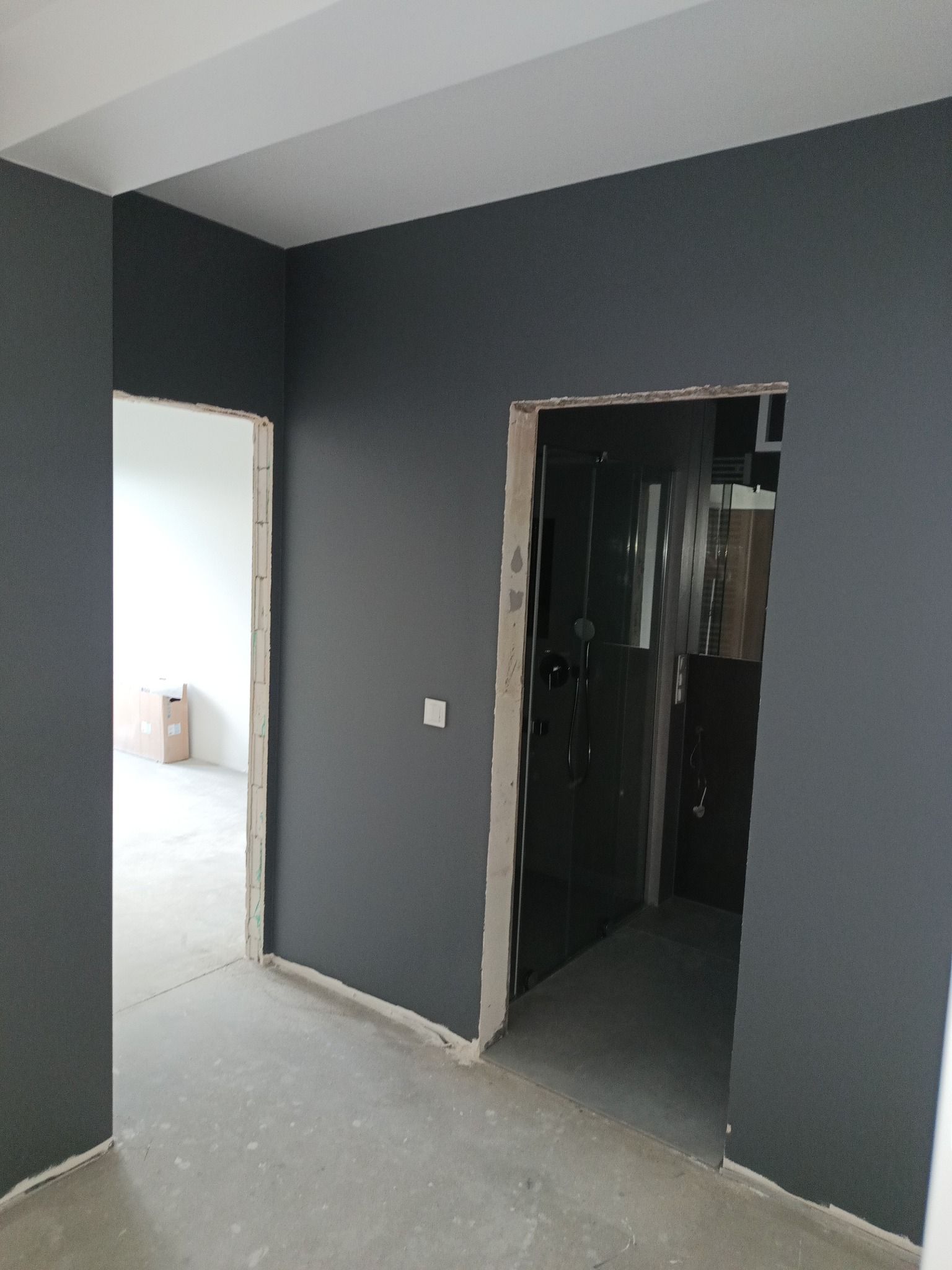 Pomieszczenie w trakcie prac wykończeniowych, ściany pomalowane na ciemny grafit, widoczne surowe ościeżnice drzwiowe, w tle kabina prysznicowa i kartony.