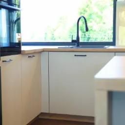 Jasne, minimalistyczne meble kuchenne z czarną armaturą i drewnianym blatem, na tle okna z widokiem na zieleń. Uwagę przykuwają długie, czarne uchwyty szafek.