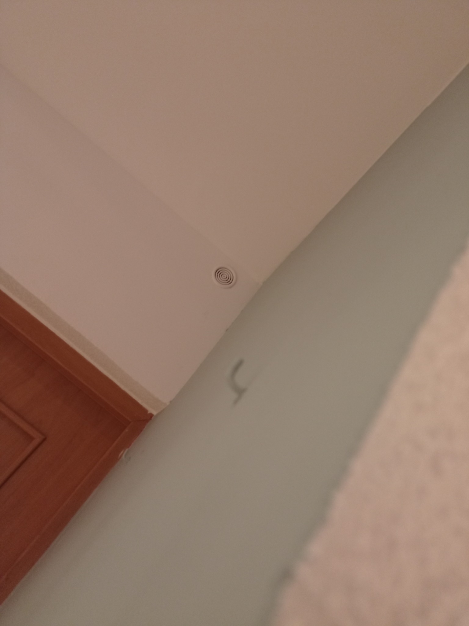 Fragment wnętrza z pomalowaną na jasnozielono ścianą, widoczny narożnik sufitu z kratką wentylacyjną i fragment drewnianej futryny drzwiowej.