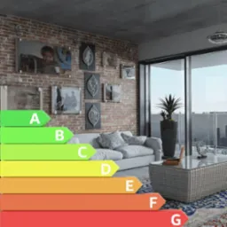 Wnętrze salonu z ceglaną ścianą, na której wiszą zdjęcia w ramkach, szara sofa z poduszkami, stolik kawowy z plecionki rattanowej i duża roślina w donicy, a na pierwszym planie naklejona skala...