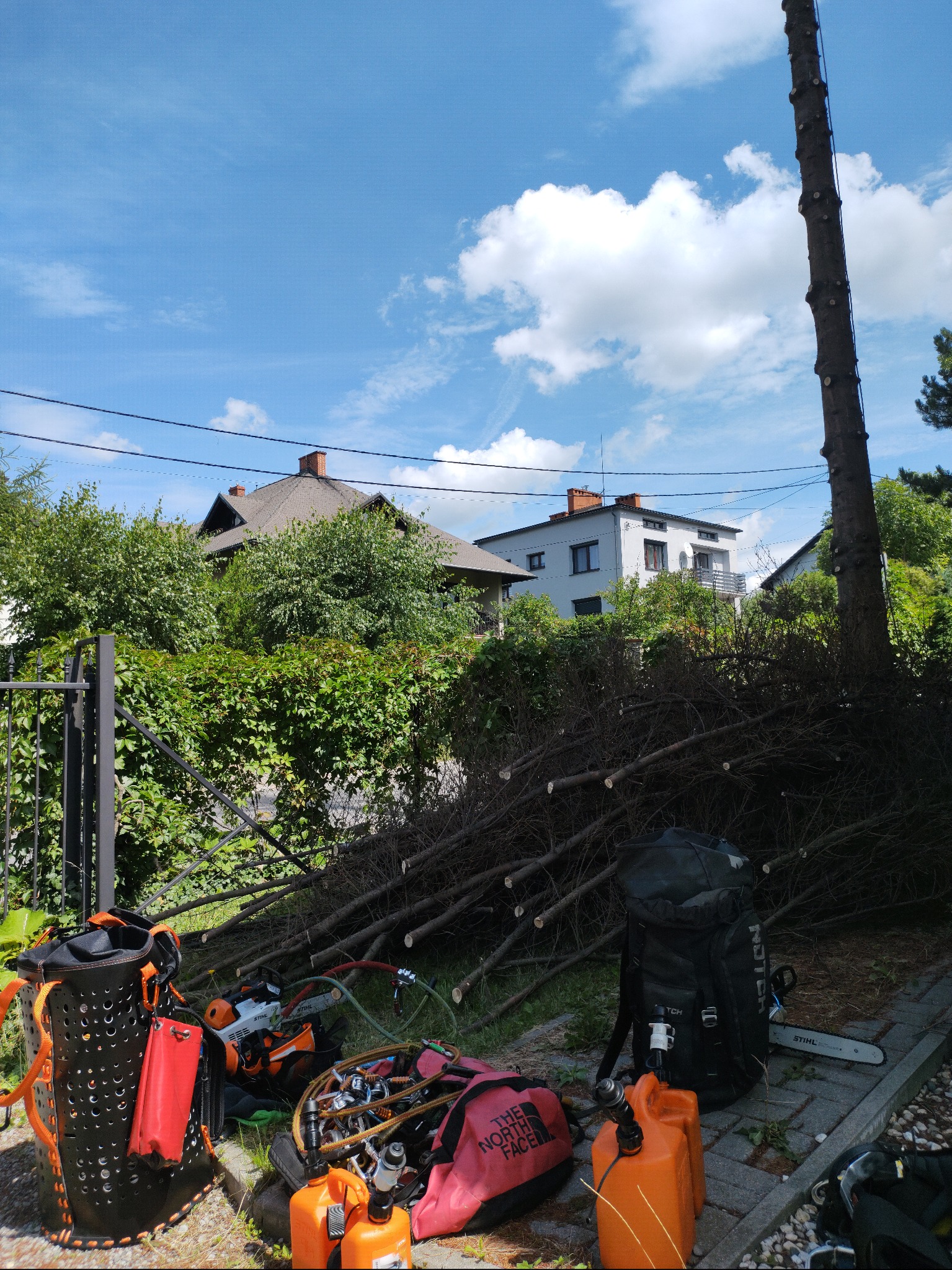 Ścięte gałęzie drzewa leżące na ziemi obok narzędzi arborystycznych, w tle budynki mieszkalne i błękitne niebo z chmurami.