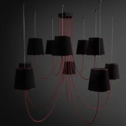 Wieloramienny żyrandol z czarnymi abażurami i czerwonymi przewodami na szarym tle.