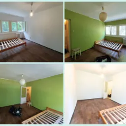 Pokój przed i po malowaniu ścian na zielono, widoczne drewniane łóżko bez materaca, okno z widokiem na zieleń, lampa wisząca oraz akcesoria malarskie.