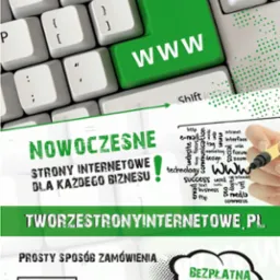 Klawiatura z zielonym klawiszem WWW, hasła reklamowe i chmura słów związanych z internetem, kontakt telefoniczny i bezpłatna wycena.