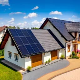 Dwuspadowy dach domu jednorodzinnego z panelami fotowoltaicznymi na jednej połaci i dachówką ceramiczną na drugiej, widok z lotu ptaka w słoneczny dzień.