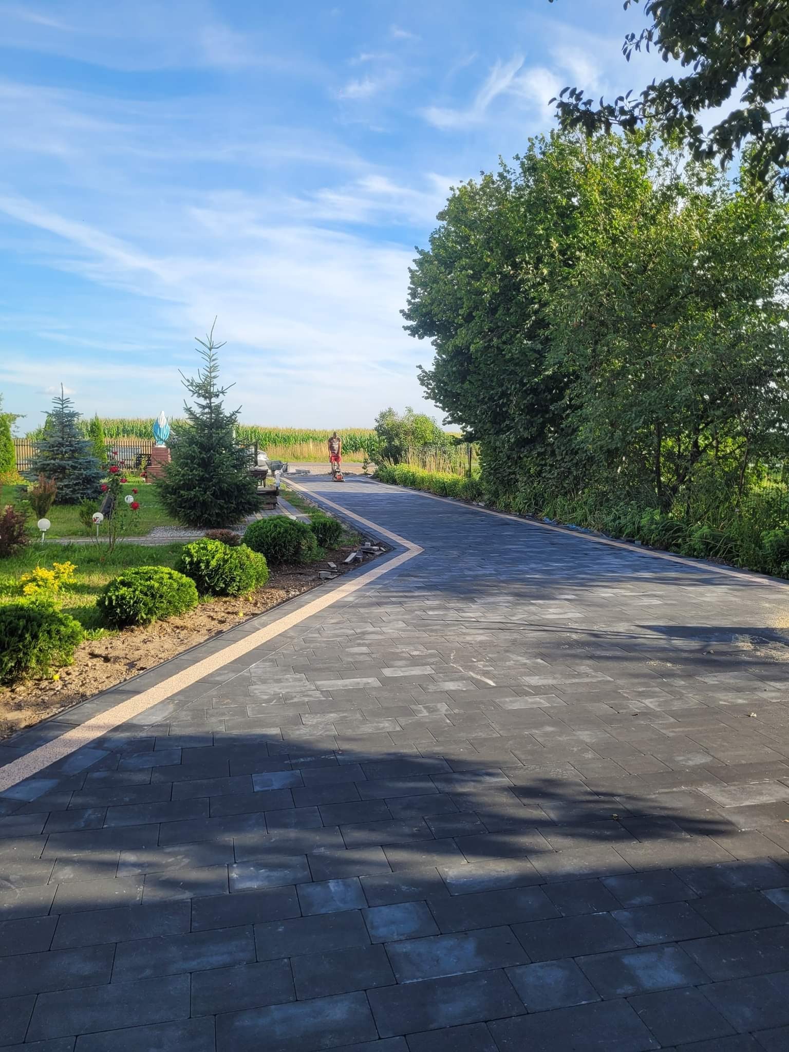 Długa, czarna ścieżka z kostki brukowej, obramowana jasnym żwirem, prowadząca przez zadbany ogród z iglakami i krzewami w kierunku osoby na kosiarce w oddali na tle pola kukurydzy i błękitnego nieba.