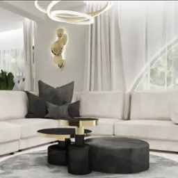 Jasny salon z narożną sofą, okrągłym dywanem, dwupoziomowym stolikiem kawowym z elementami złota i dekoracyjną lampą na ścianie