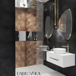 Elegancka łazienka w ciemnych kolorach z umywalką nablatową, złotą armaturą i dekoracyjną ścianą z paneli drewnopodobnych z efektem 3D oraz wiszącą lampą z długich złotych prętów.