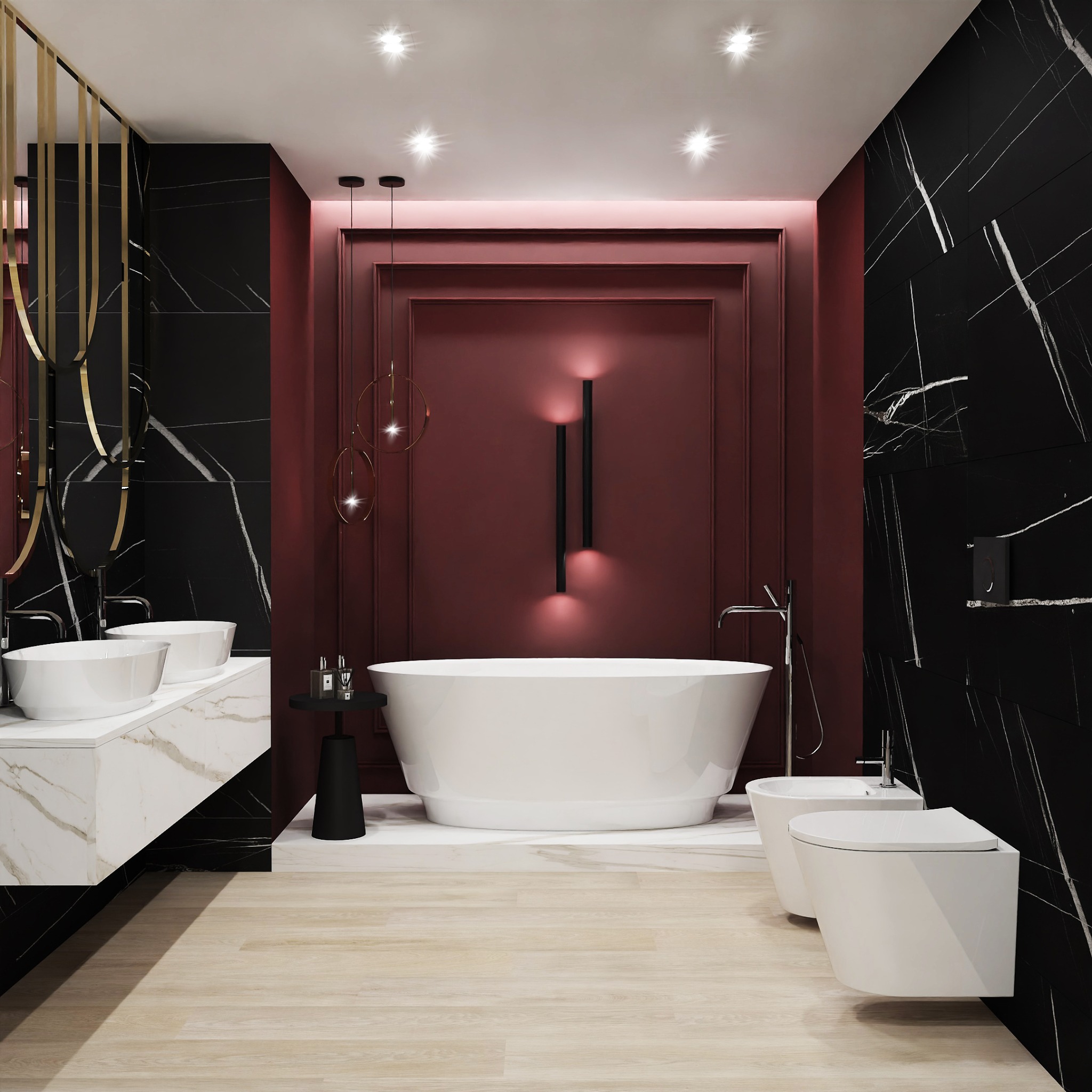 Elegancka łazienka w nowoczesnym stylu z czarnymi marmurowymi ścianami, białą wolnostojącą wanną na podwyższeniu, podwójną umywalką na marmurowym blacie, bidetem i toaletą, oświetlona punktowymi...