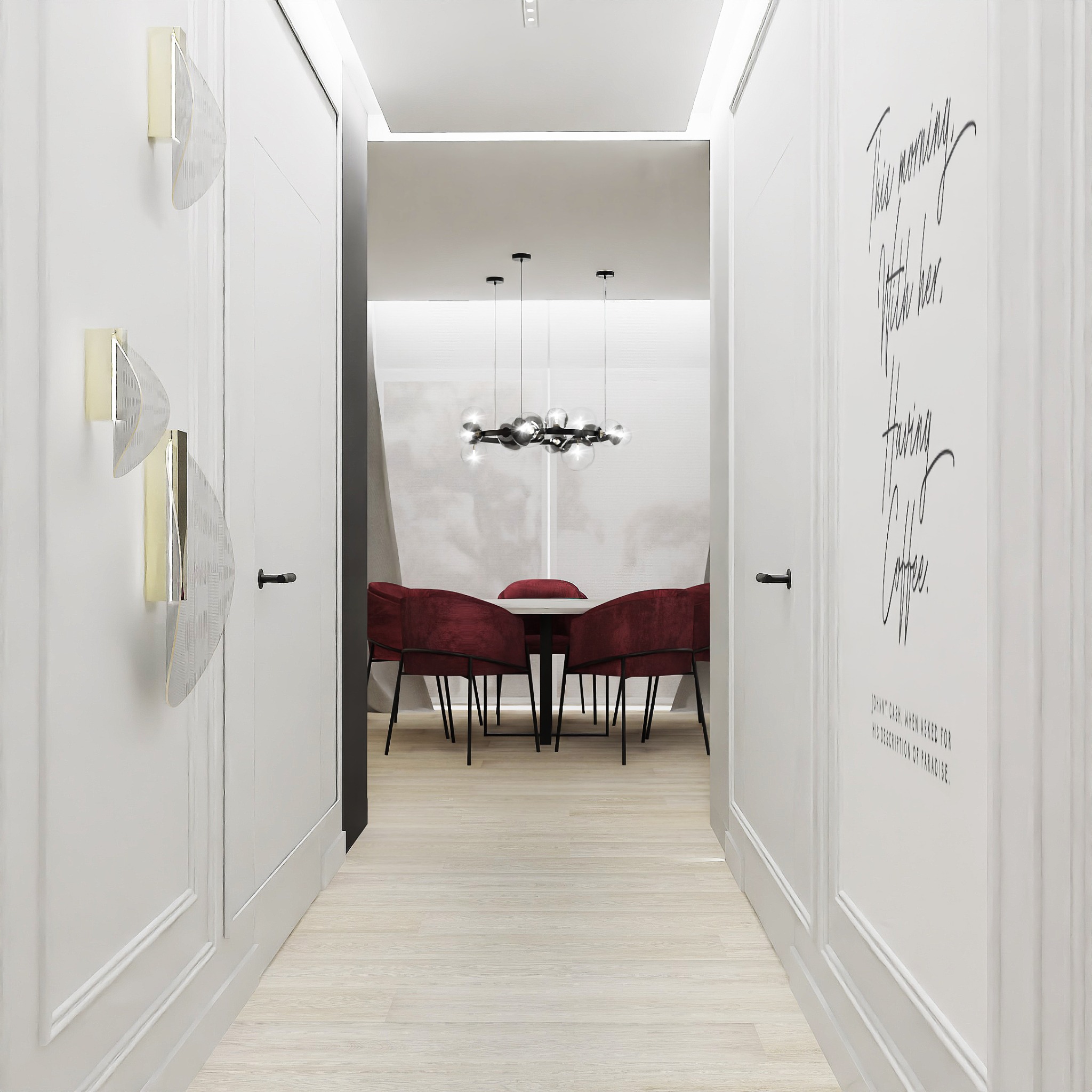 Wnętrze mieszkania z widokiem na jadalnię z burgundowymi krzesłami i nowoczesną lampą, dekoracje ścienne w postaci złotych elementów i napisu.
