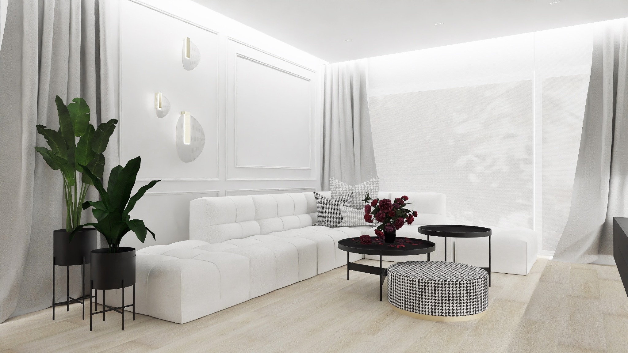 Minimalistyczny salon w bieli: sofa z pikowaniem, stoliki kawowe, pufa w pepitkę, kwiaty w wazonie i wysokie rośliny doniczkowe na tle białych ścian z dekoracyjnymi panelami i nowoczesnym...