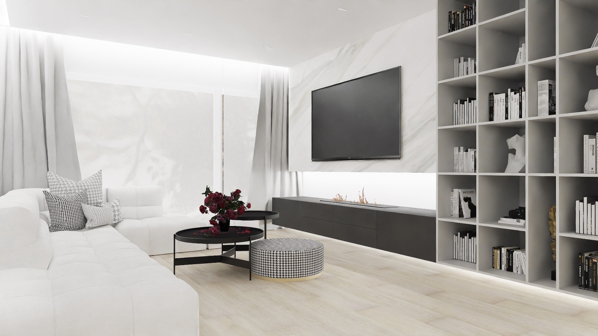 Jasne wnętrze salonu w minimalistycznym stylu z białym narożnikiem, okrągłymi stolikami kawowymi, pufem w pepitkę, ścianą z marmuru, telewizorem, biokominkiem i regałem na książki.