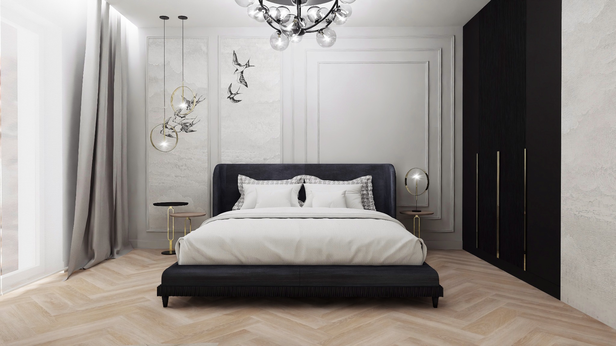 Elegancka sypialnia w stylu nowoczesnym: ciemne łóżko z jasną pościelą, parkiet w jodełkę, czarna szafa z pionowymi frezami, ściany z dekoracyjnymi panelami i motywem ptaków, okrągłe lampki nocne...