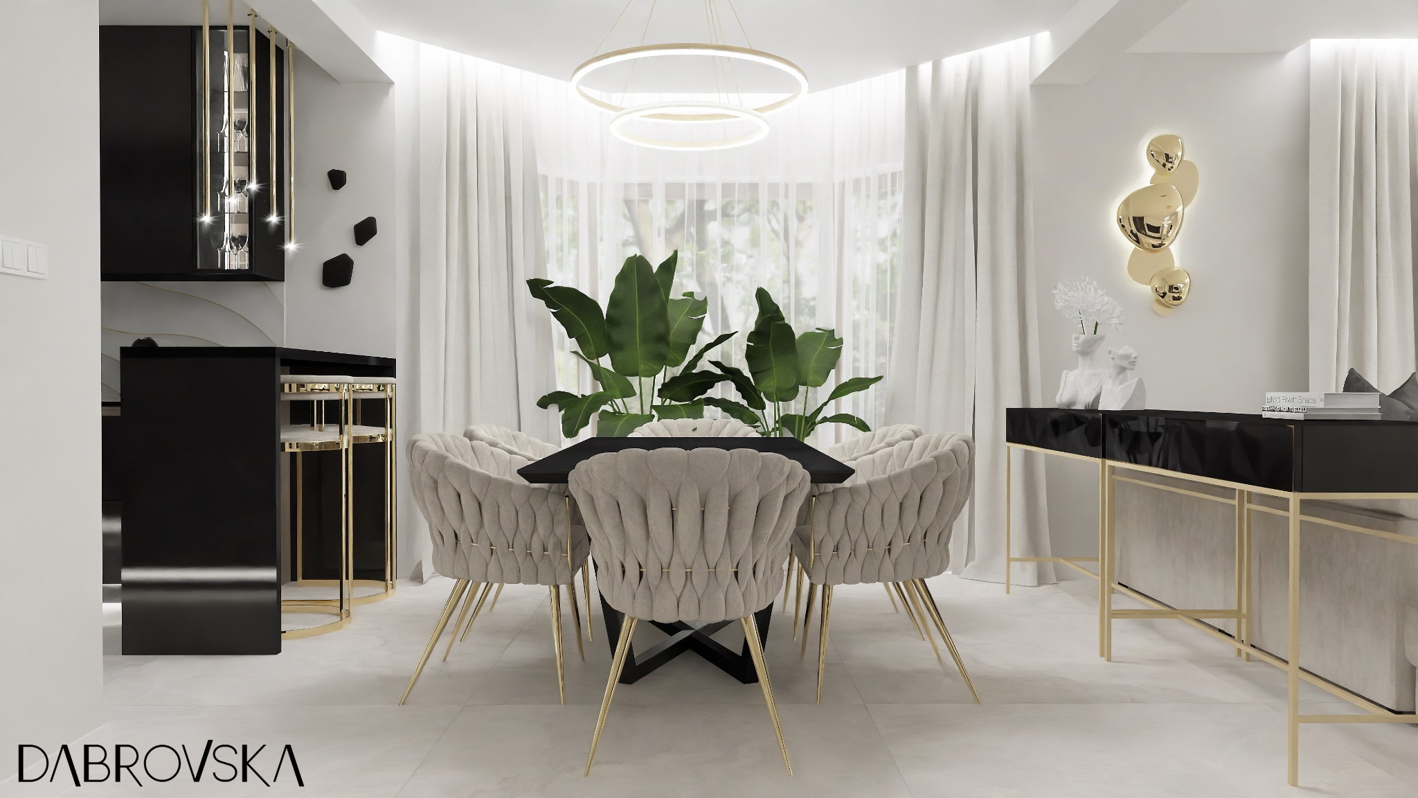 Elegancka jadalnia w stylu glamour z czarnym stołem otoczonym beżowymi krzesłami z pikowanym oparciem i złotymi nogami, oświetlona nowoczesną lampą pierścieniową, z roślinami w tle i czarną komodą...