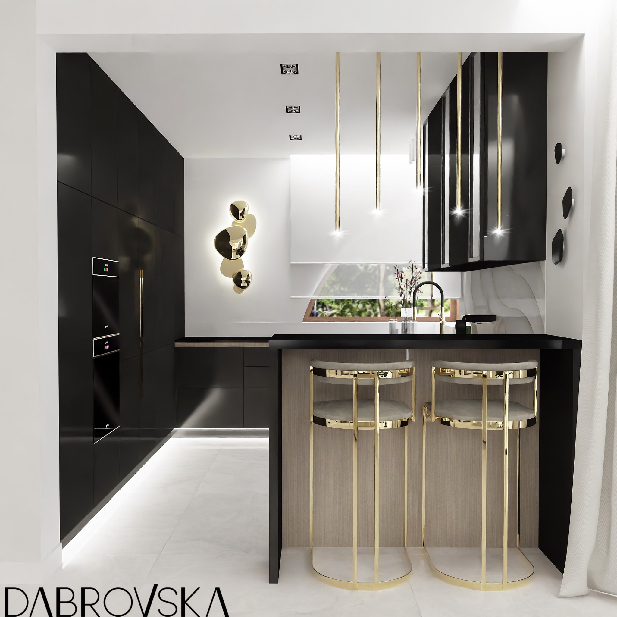 Nowoczesna kuchnia w czerni i złocie z wyspą i dwoma hokerami, oświetlona wiszącymi lampami i dekoracyjnym panelem ściennym.