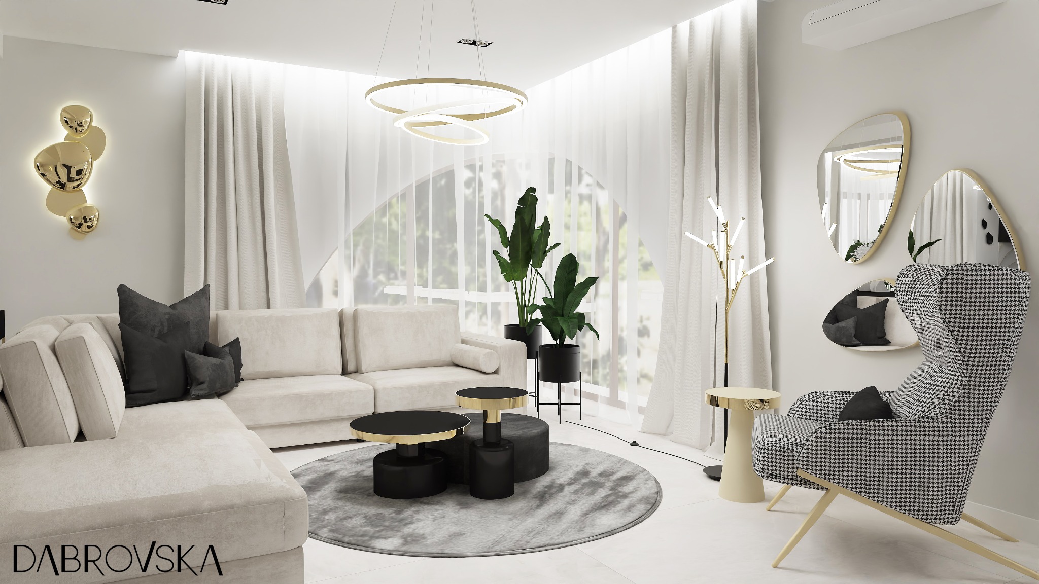Jasny salon z narożną sofą, okrągłym dywanem, stolikami kawowymi w czerni i złocie, fotel w pepitkę, asymetryczne lustra i nowoczesne oświetlenie.
