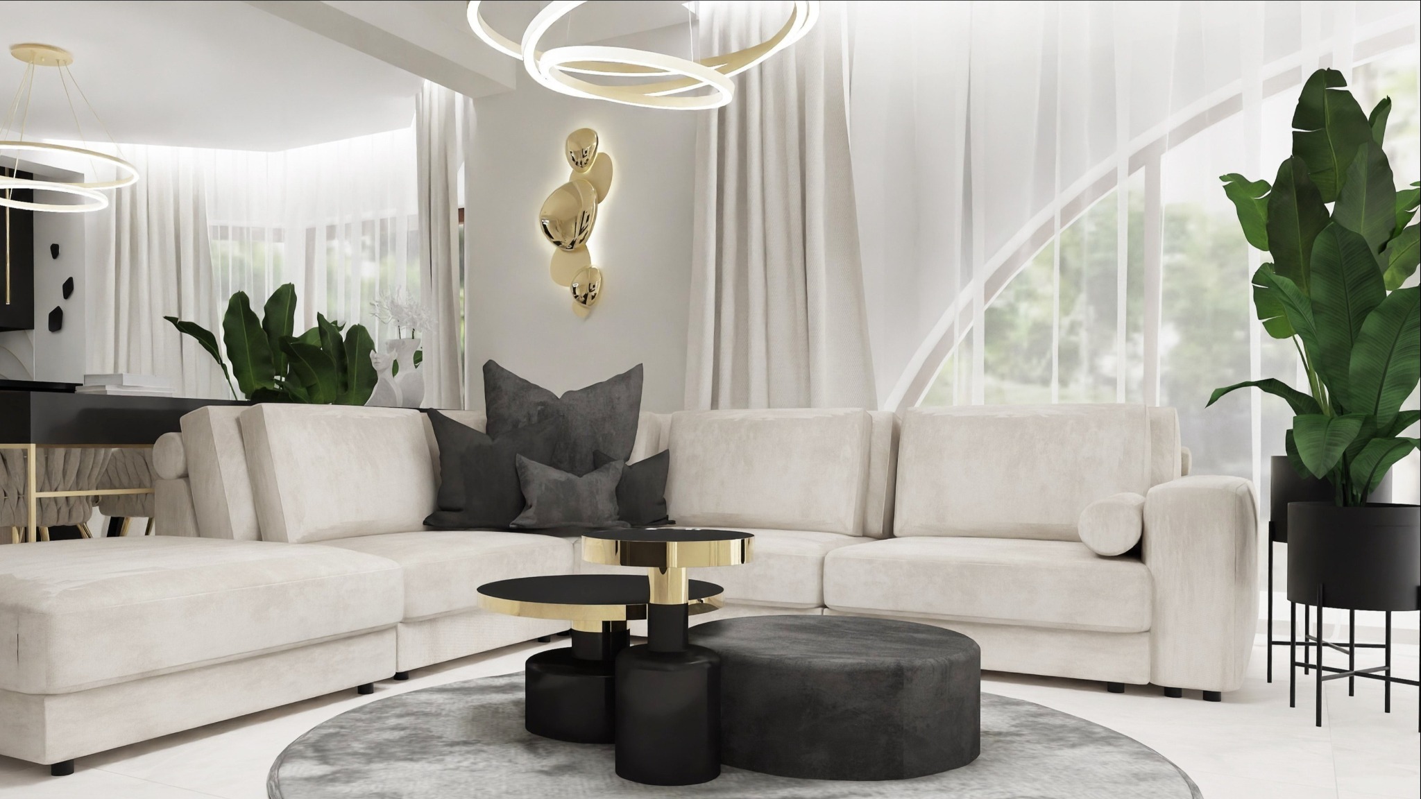 Jasny salon z narożną sofą, okrągłym dywanem, dwupoziomowym stolikiem kawowym z elementami złota i dekoracyjną lampą na ścianie
