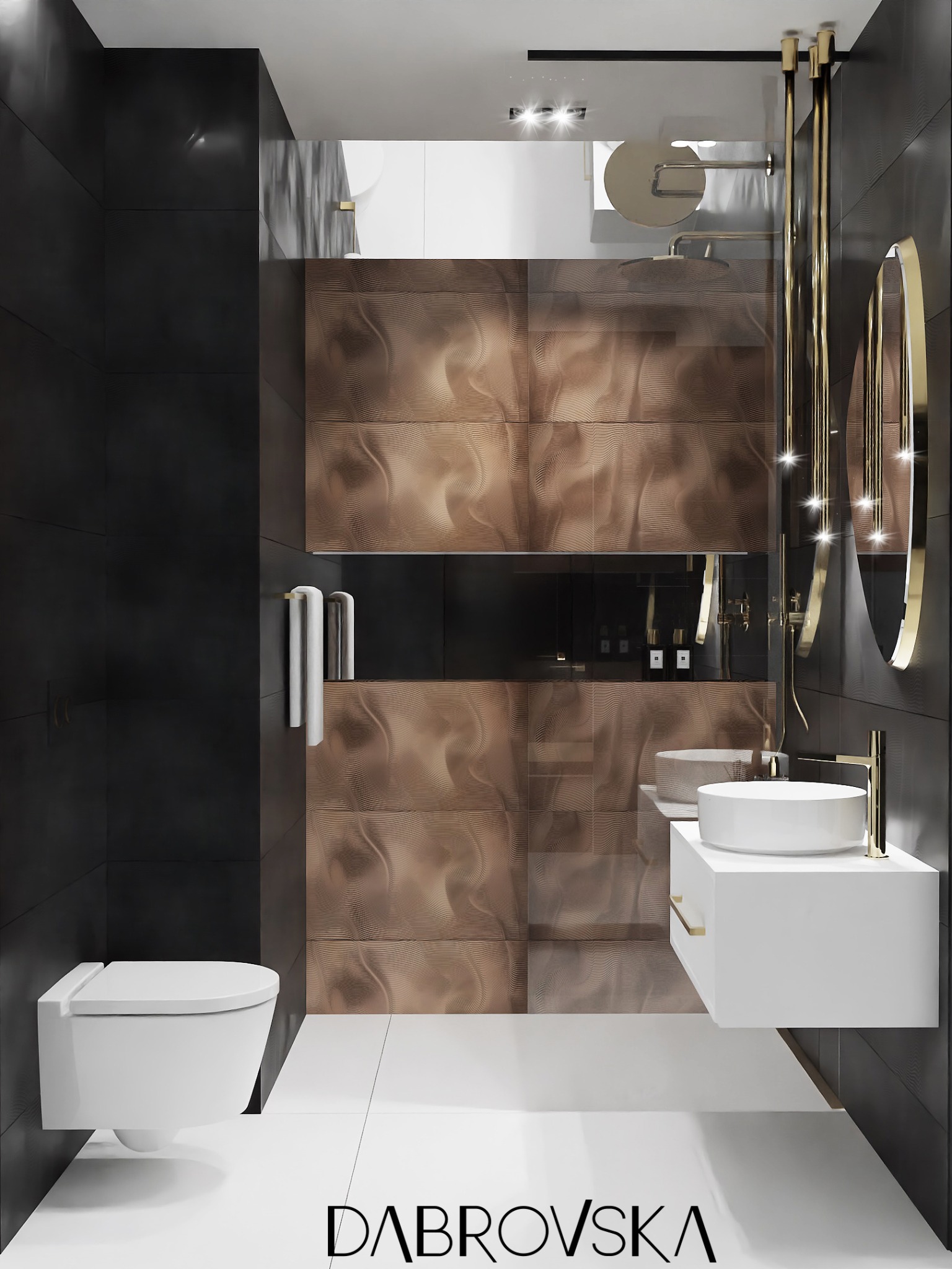 Elegancka łazienka w ciemnych kolorach z akcentami złota: kabina prysznicowa z dekoracyjnymi panelami, okrągłe lustro podświetlone złotymi lampami, biała wisząca umywalka i toaleta.