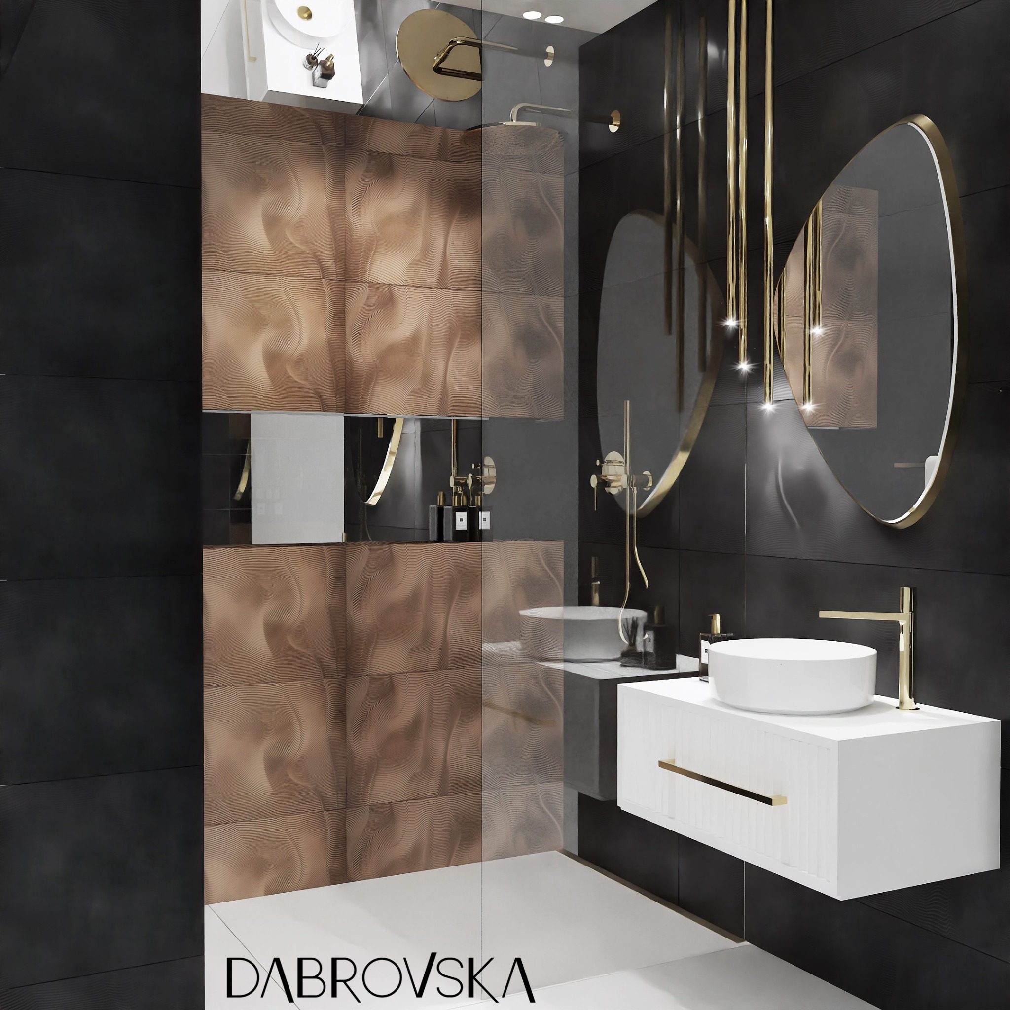 Elegancka łazienka w ciemnych kolorach z umywalką nablatową, złotą armaturą i dekoracyjną ścianą z paneli drewnopodobnych z efektem 3D oraz wiszącą lampą z długich złotych prętów.
