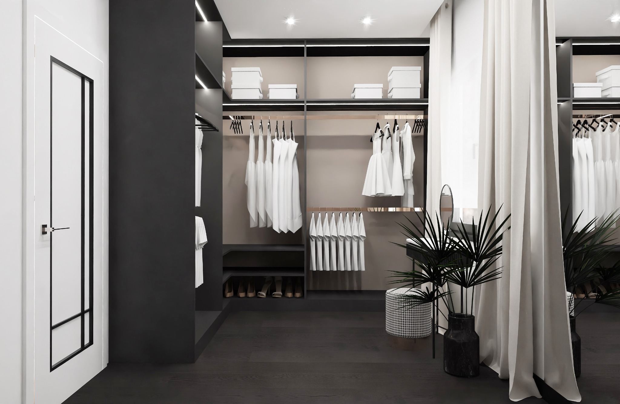 Nowoczesna garderoba z białymi ubraniami, ciemną podłogą, roślinami w czarnych donicach i pufą w pepitkę, oświetleniem LED i białymi zasłonami.