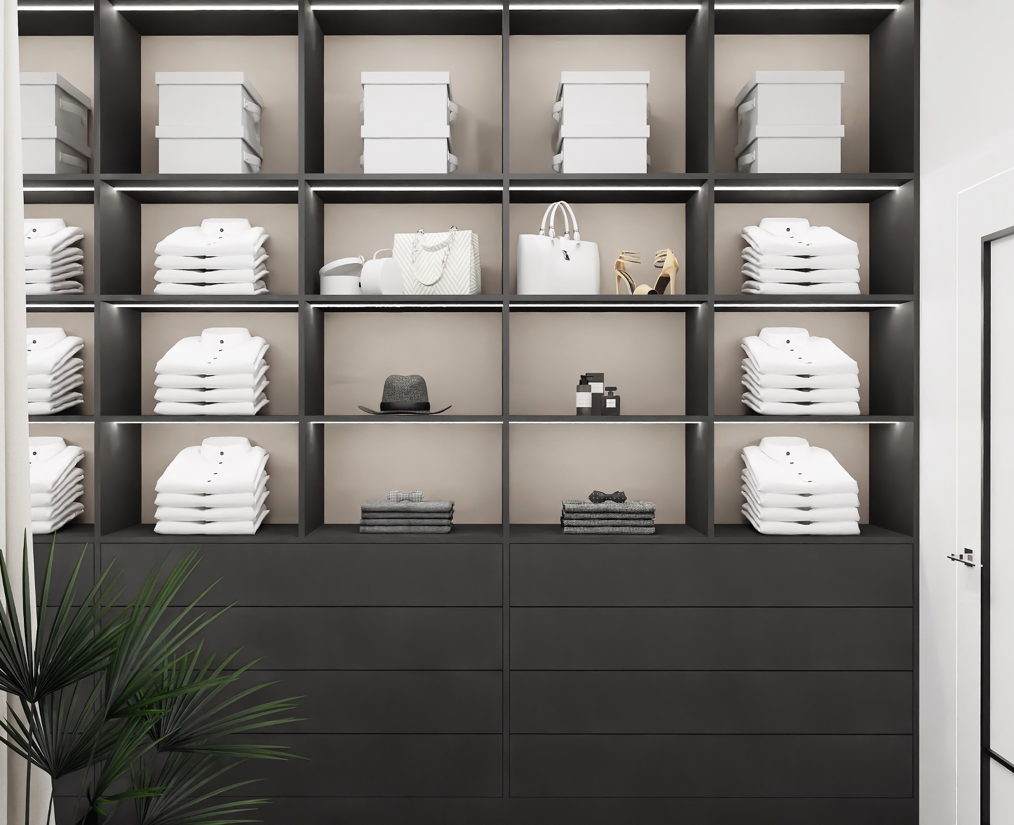 Nowoczesna garderoba z czarnymi szafkami i podświetlanymi półkami, na których ułożone są białe koszule, pudełka, torebki, buty na obcasie, kapelusz, kosmetyki i złożone ubrania z muchami.