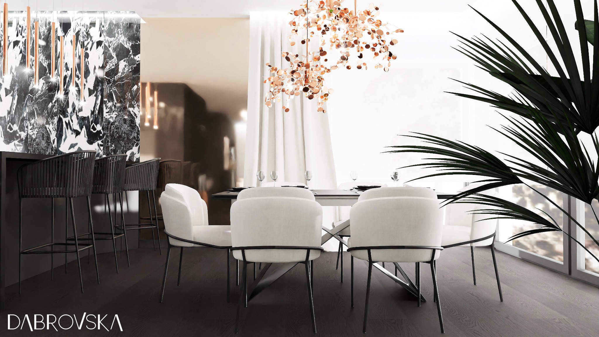 Elegancka jadalnia z marmurową ścianą, miedzianymi lampami wiszącymi i białymi krzesłami na tle dużego okna z rośliną doniczkową.