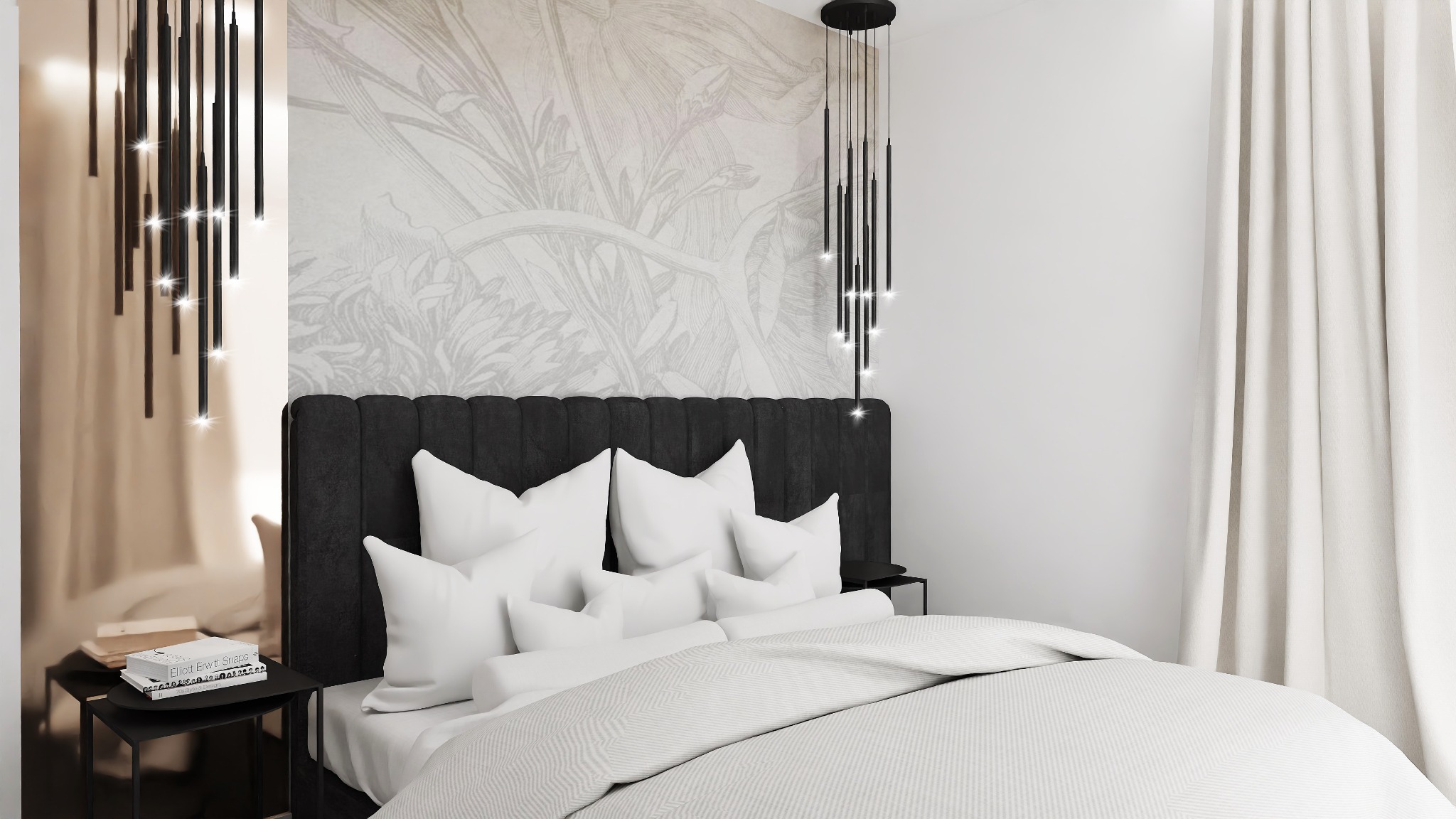 Nowoczesna sypialnia z czarnym, tapicerowanym zagłówkiem, białymi poduszkami, zwisającą lampą z czarnymi prętami i wzorzystą tapetą w odcieniach szarości.