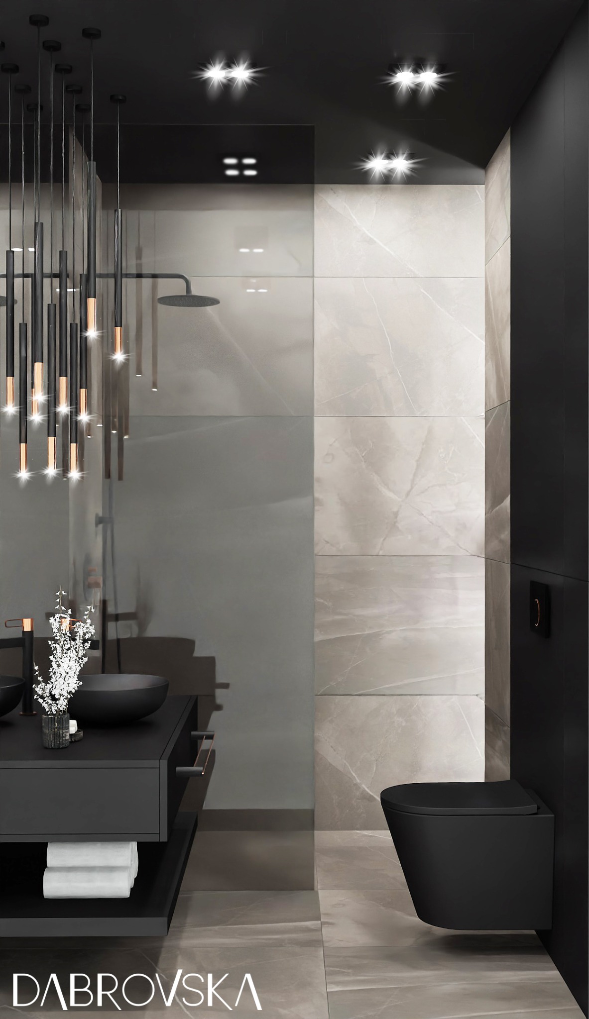 Nowoczesna łazienka w odcieniach szarości i czerni, z wiszącą toaletą, umywalką nablatową, szklaną kabiną prysznicową i dekoracyjnym oświetleniem zwisającym z sufitu.