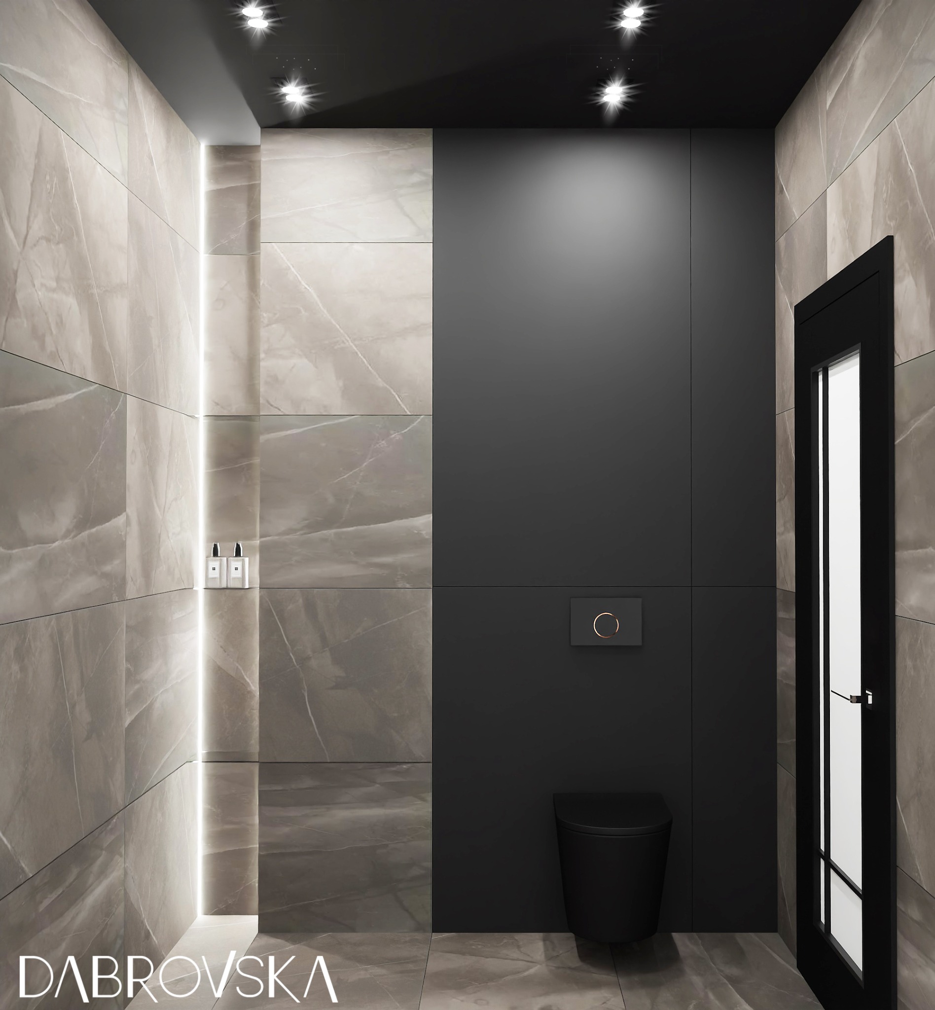 Minimalistyczna łazienka z szarymi płytkami imitującymi marmur, czarną armaturą i oświetleniem LED w pionowej szczelinie, podkreślającym teksturę płytek.