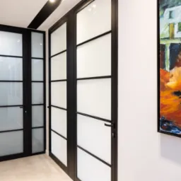 Nowoczesne, czarne drzwi wewnętrzne z matowym szkłem, częściowo otwarte, widoczne w korytarzu z obrazem w ciepłych barwach na ścianie.