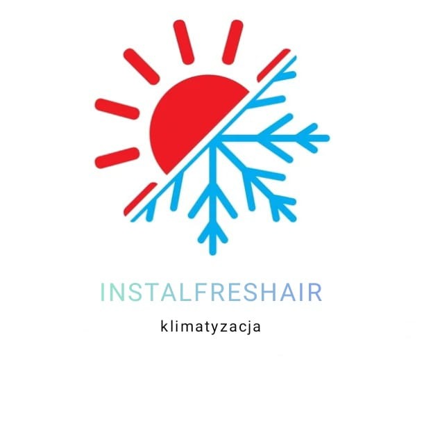 Logo firmy Instalfreshair: Połowa czerwonego słońca, połowa niebieskiej śnieżynki, napis 'klimatyzacja' pod nazwą firmy.