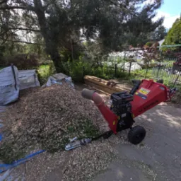 Czerwony rębak do gałęzi Cedrus obok sterty zrębków w ogrodzie, worki z materiałami w tle. Widoczne drzewa i fragment szklarni.